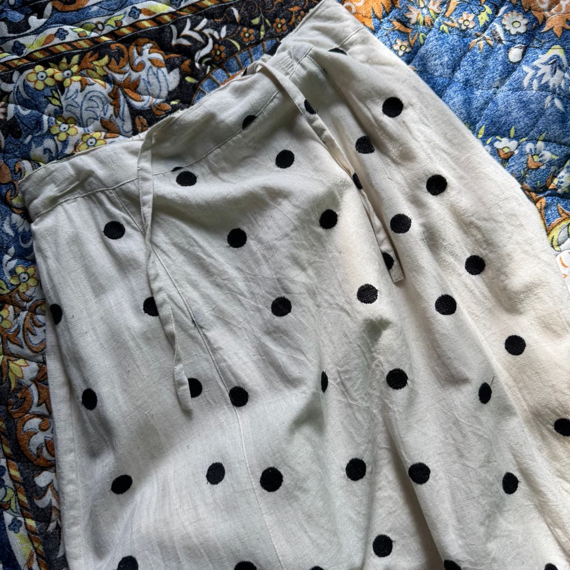India made 린넨 아이보리 도트 자수 패턴 플레어 스커트 치마 상품이미지2