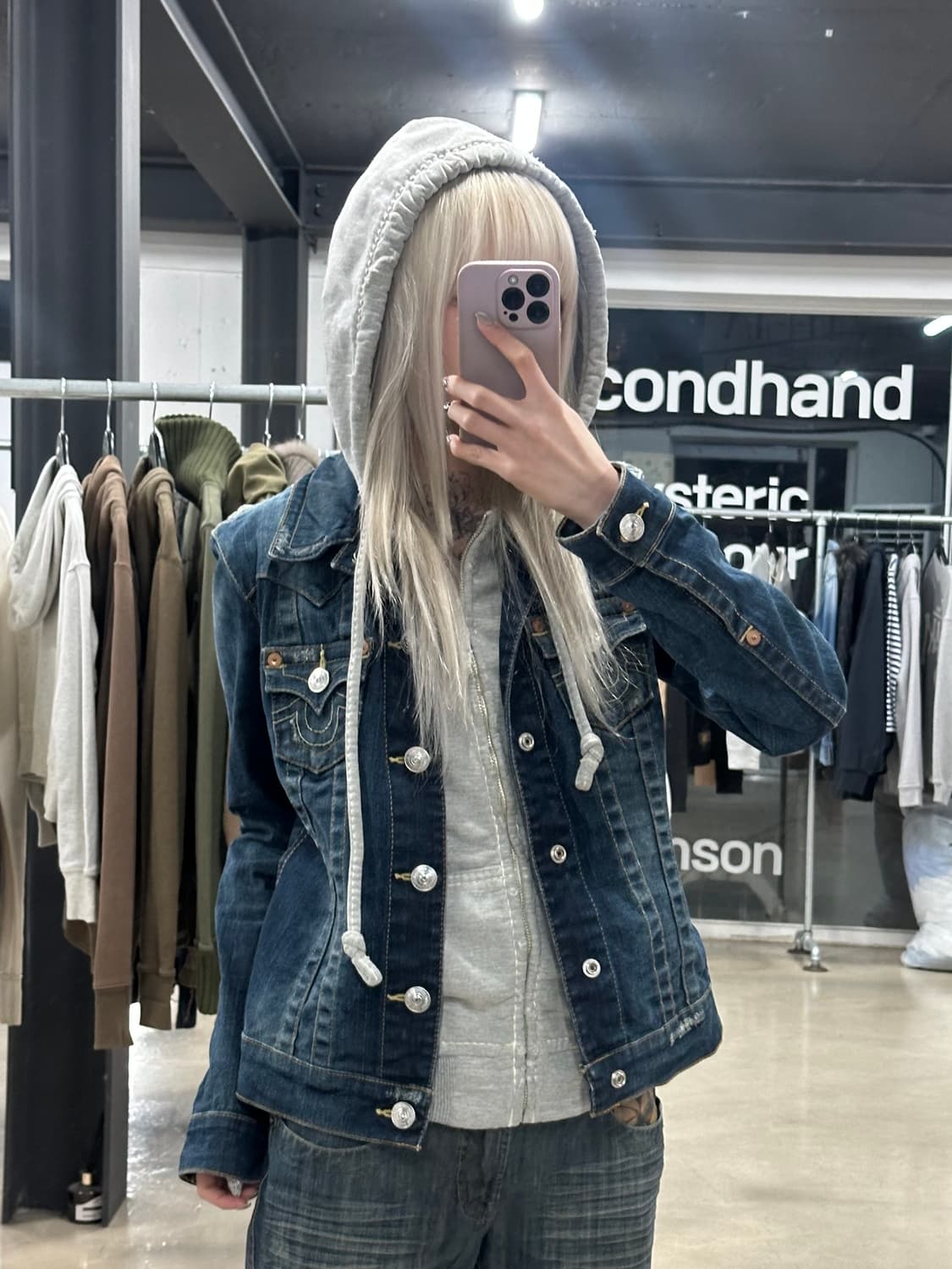트루릴리전 후드 레이어드 데님 청자켓 y2k 상품이미지1
