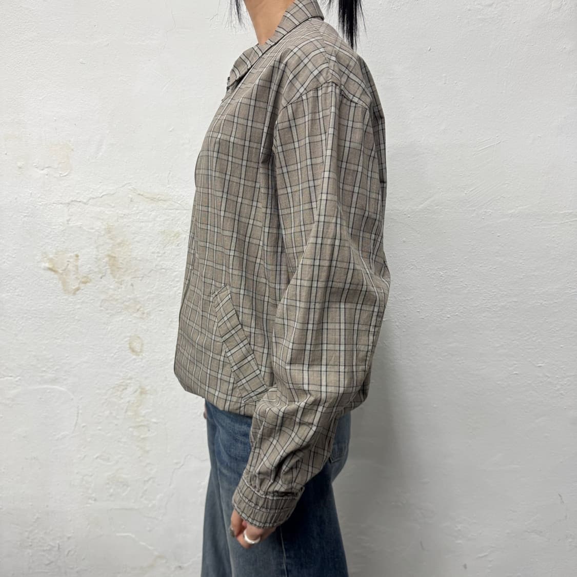 프릭스스토어 FREEDOM 베이지 체크패턴 코튼 드로우코드 블루종 자켓 상품이미지2