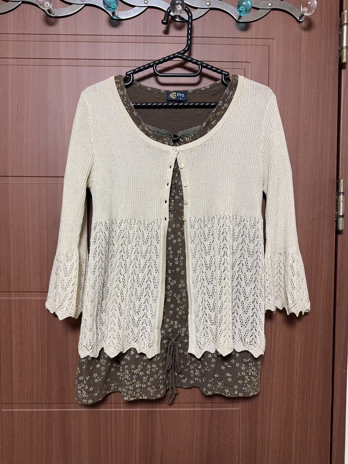 일본 빈티지 모리걸 하구미 잔꽃 반팔티셔츠 크로셰 가디건 세트 상품이미지2