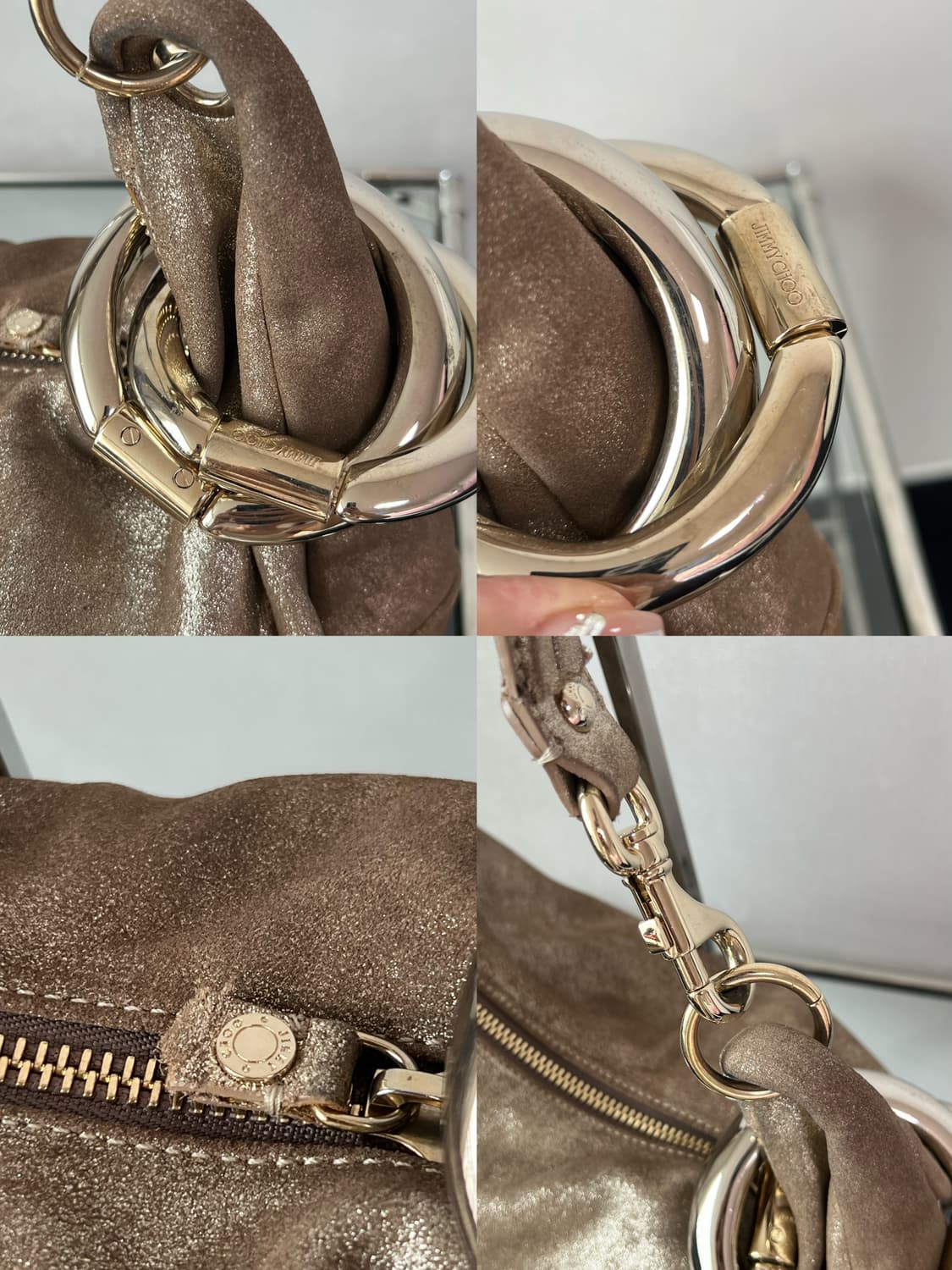 지미추 메탈릭 베이지 스웨이드 솔라 호보백 상품이미지8