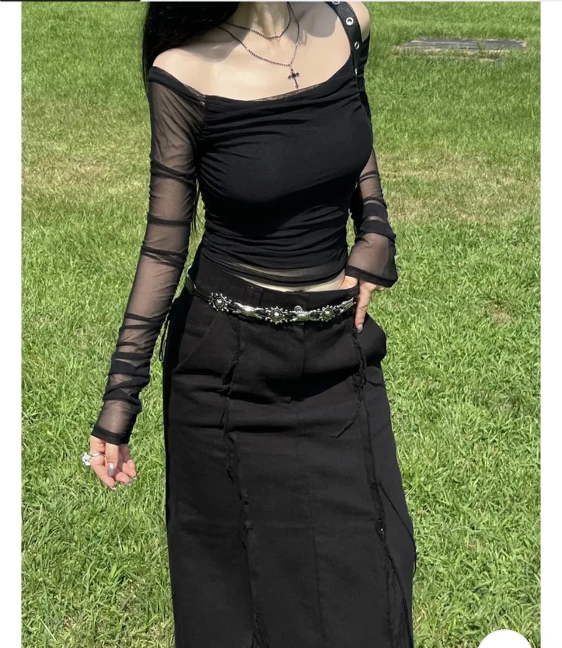 블랙 시스루 오프숄더 셔링 긴팔 티셔츠 FREE 상품이미지3