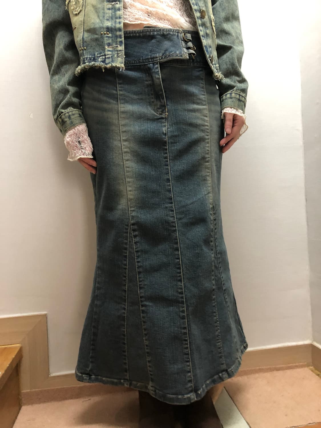 빈티지 데님 워싱 벨티드 롱 스커트 상품이미지5