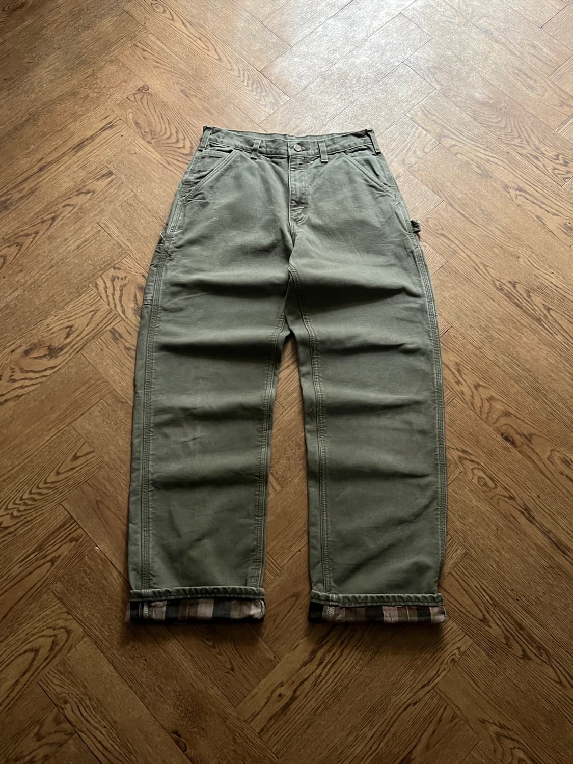 [30]칼하트 USA 덩가리핏 체크 라이닝 모스그린 카펜터 워크팬츠 M9 상품이미지2