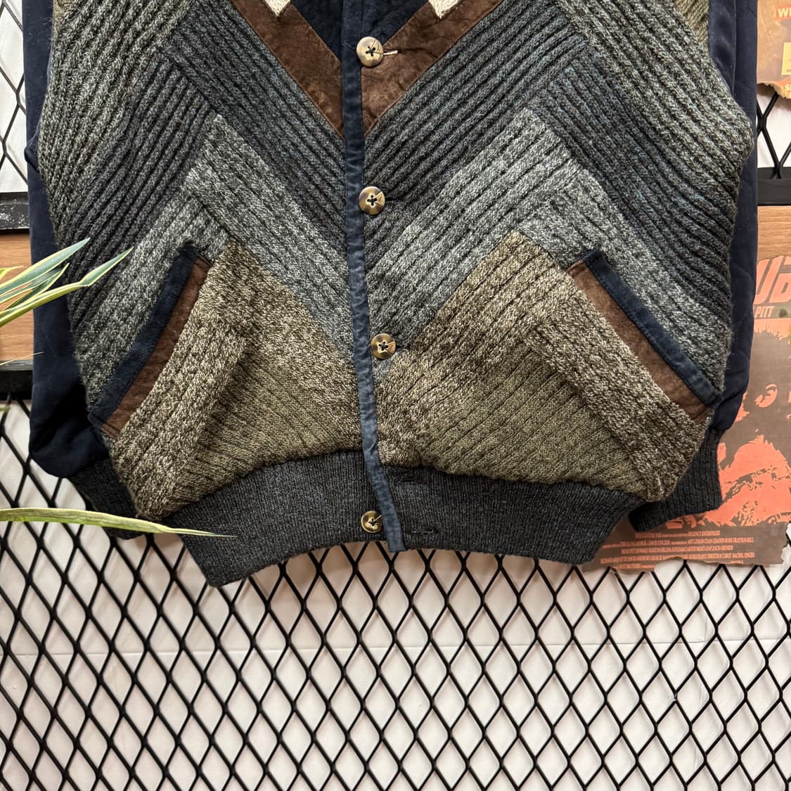 JPN VINTAGE 가디건 자켓 셔닐 패치워크 배색 네이비 상품이미지4