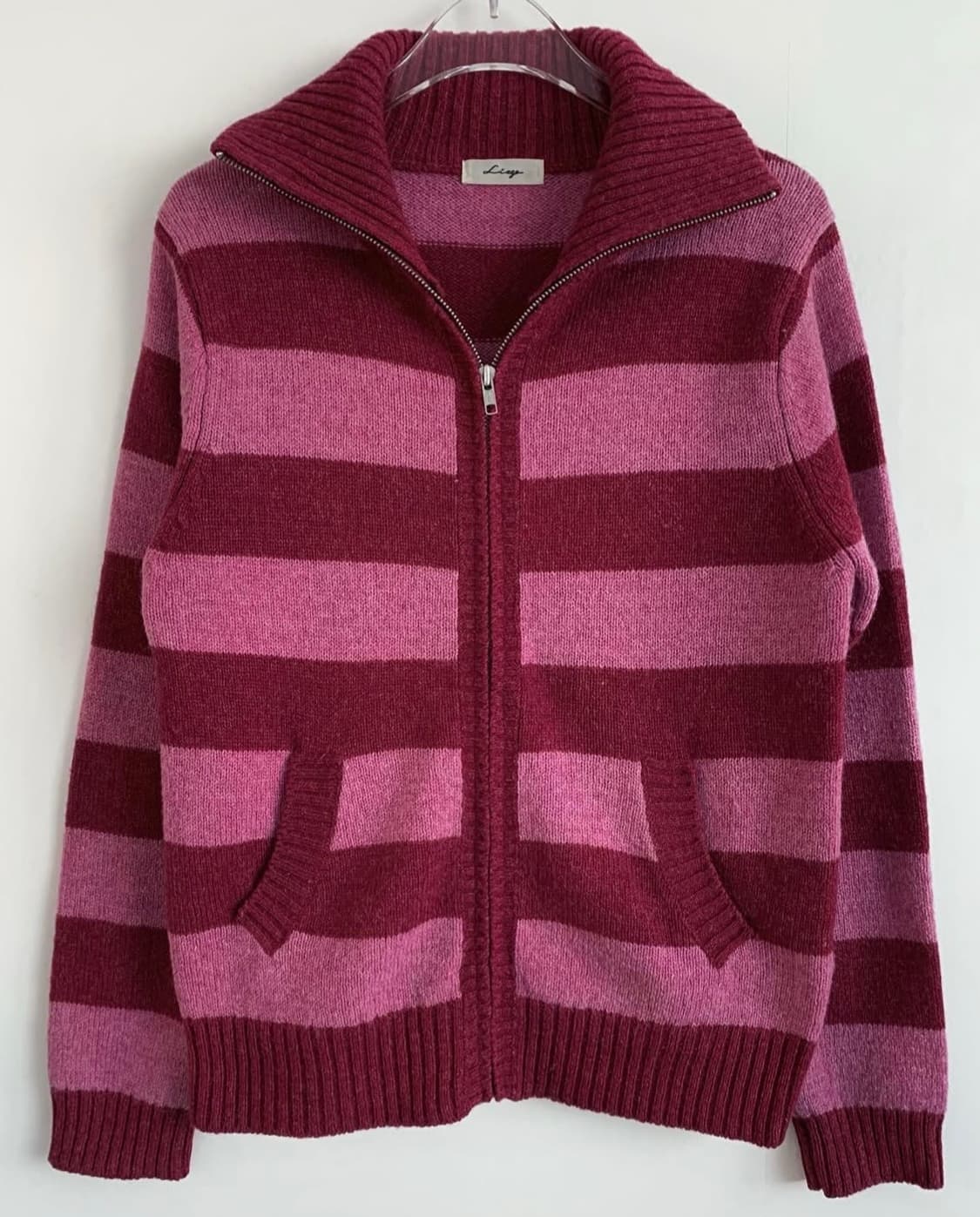 택포) pink high-neck stripe wool cardigan 상품이미지3