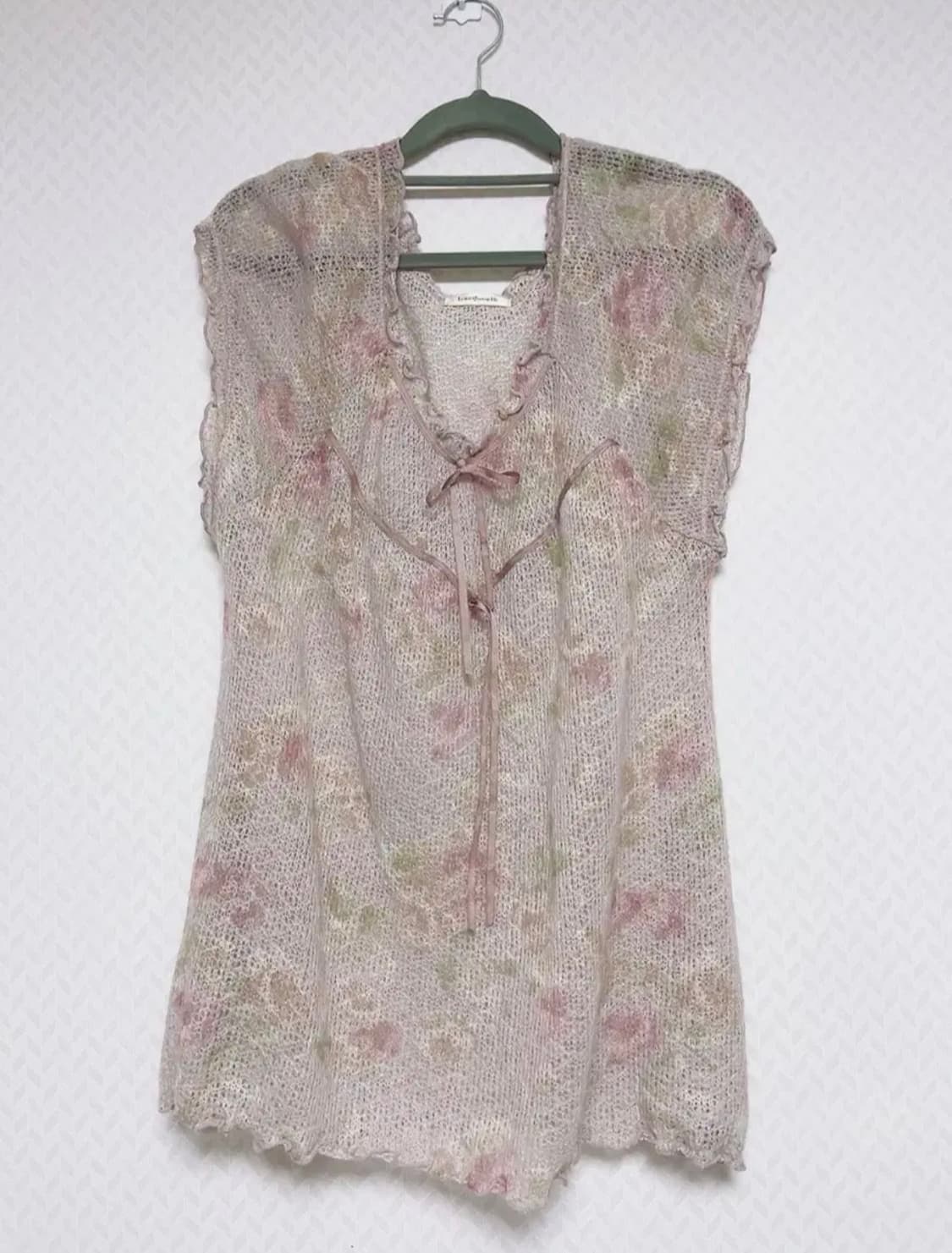 빈티지 발레코어 모리걸 플로럴 리본 핑크 반팔 니트 상품이미지1