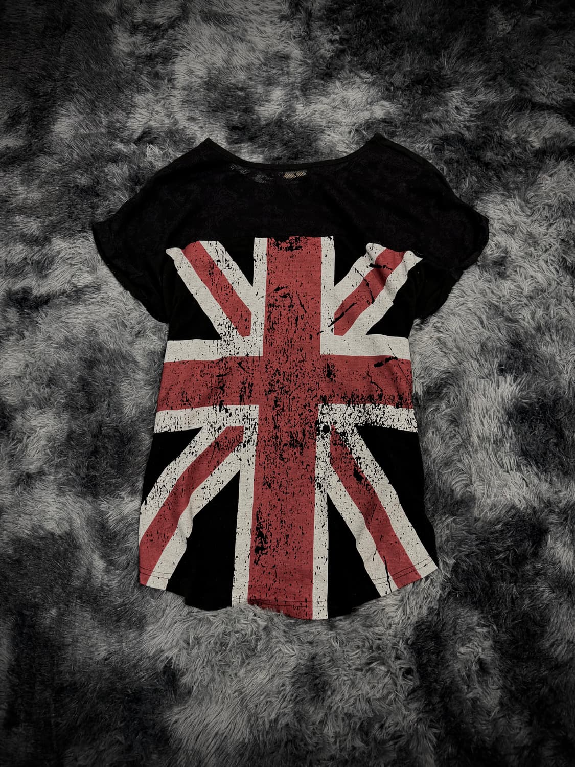 앞판 걸프린팅 등판 영국국기 레이스 언발 블랙 반팔 상품이미지1