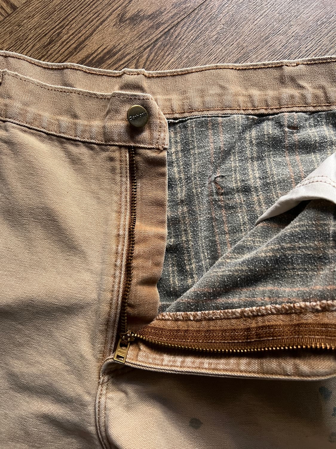 [36]칼하트 Made in USA 체크 라이닝 브라운 싱글니 워크 팬츠 상품이미지3