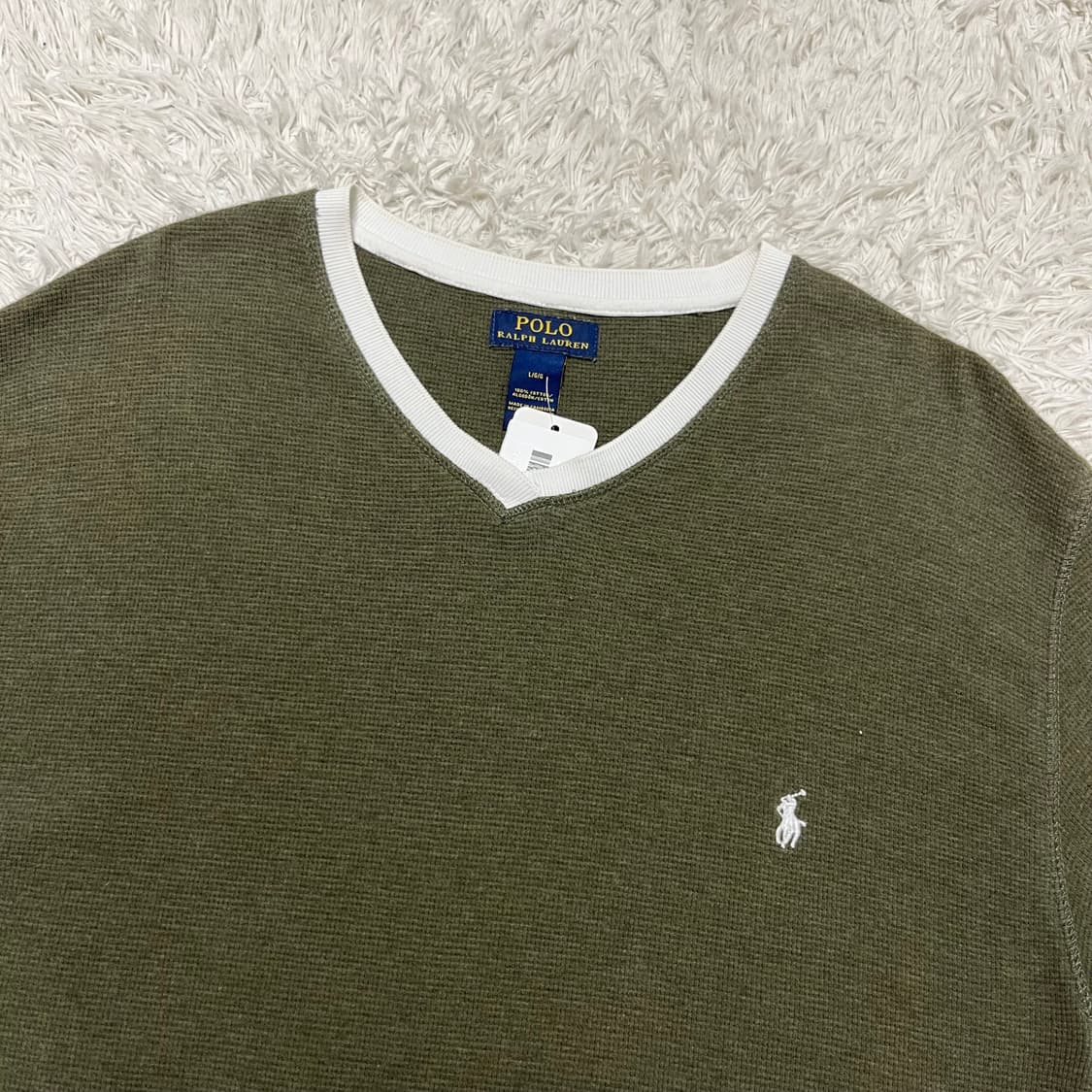 Polo khaki V-neck waffle knit tee 상품이미지5