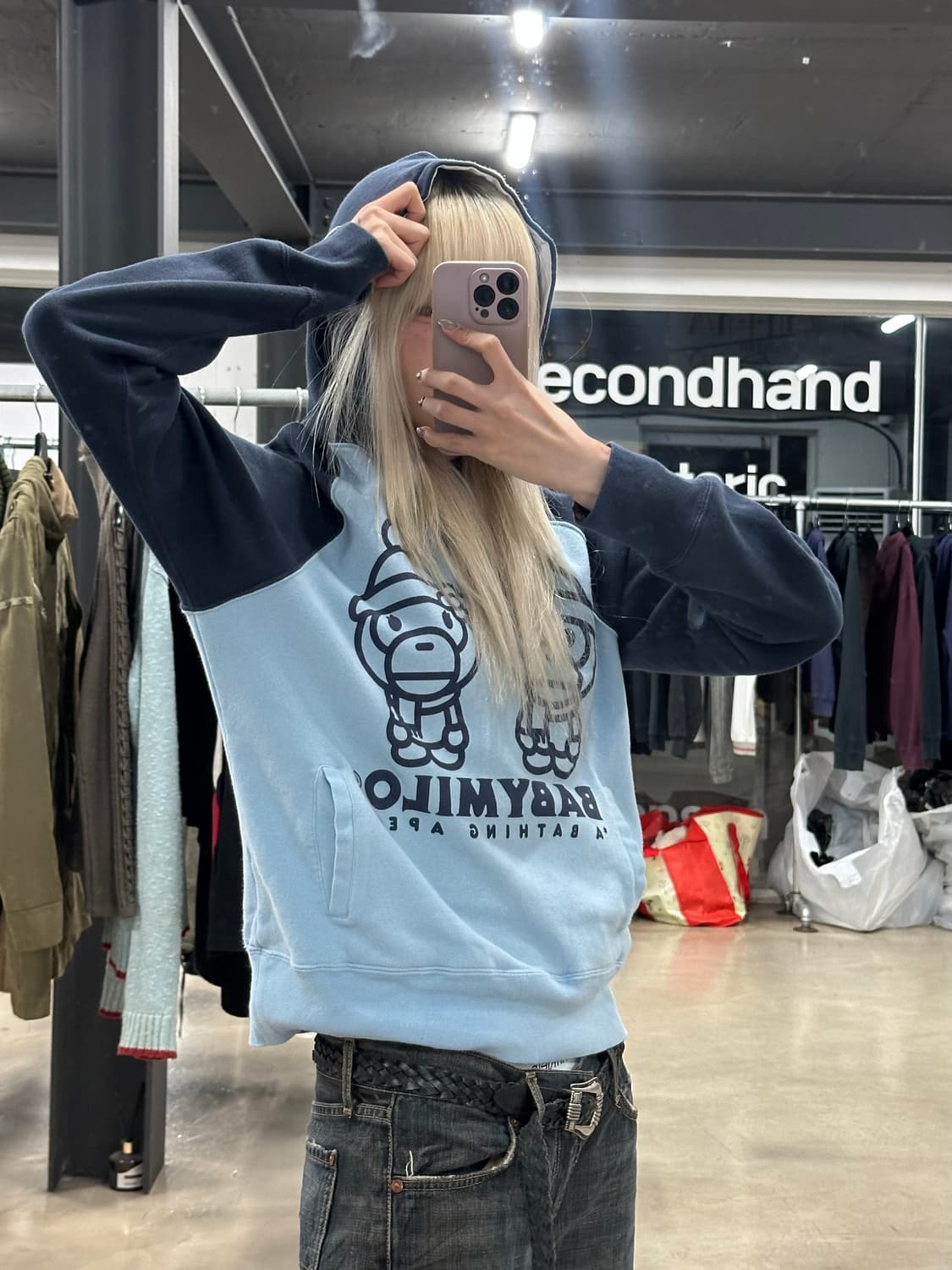 베이프 베이비 커플 마일로 라글란 후드 티셔츠 상품이미지1