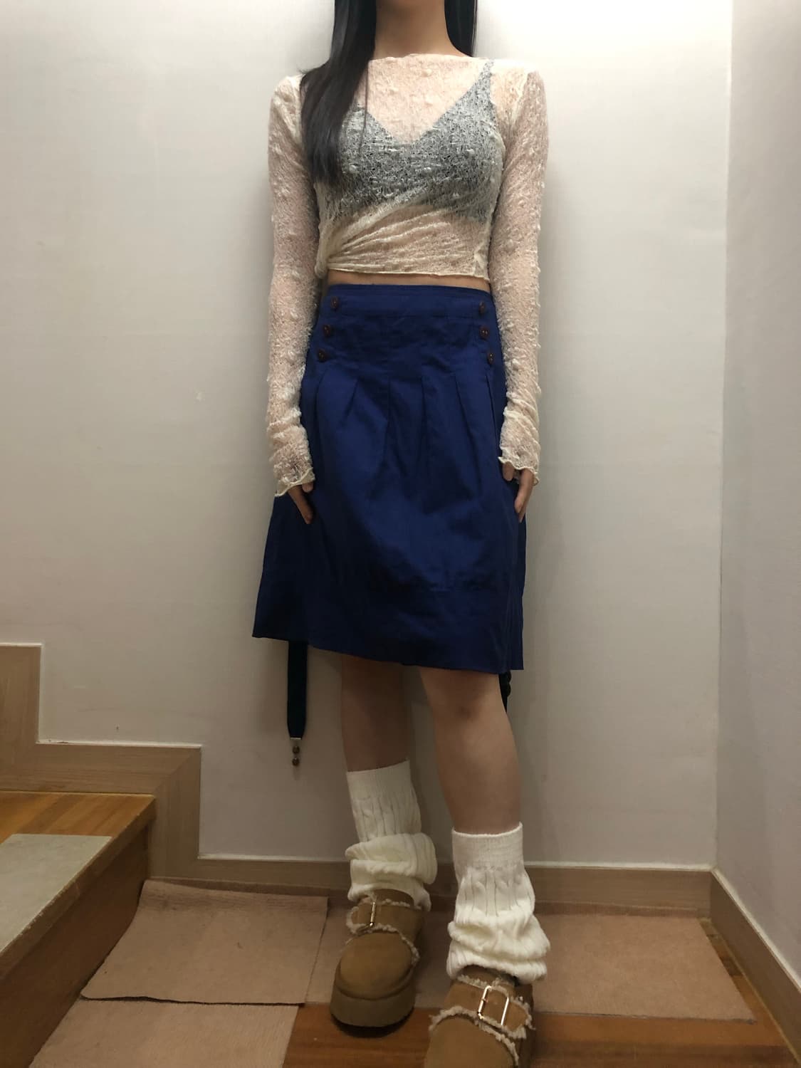 빈티지 블루 벨티드 플리츠 스커트 상품이미지4