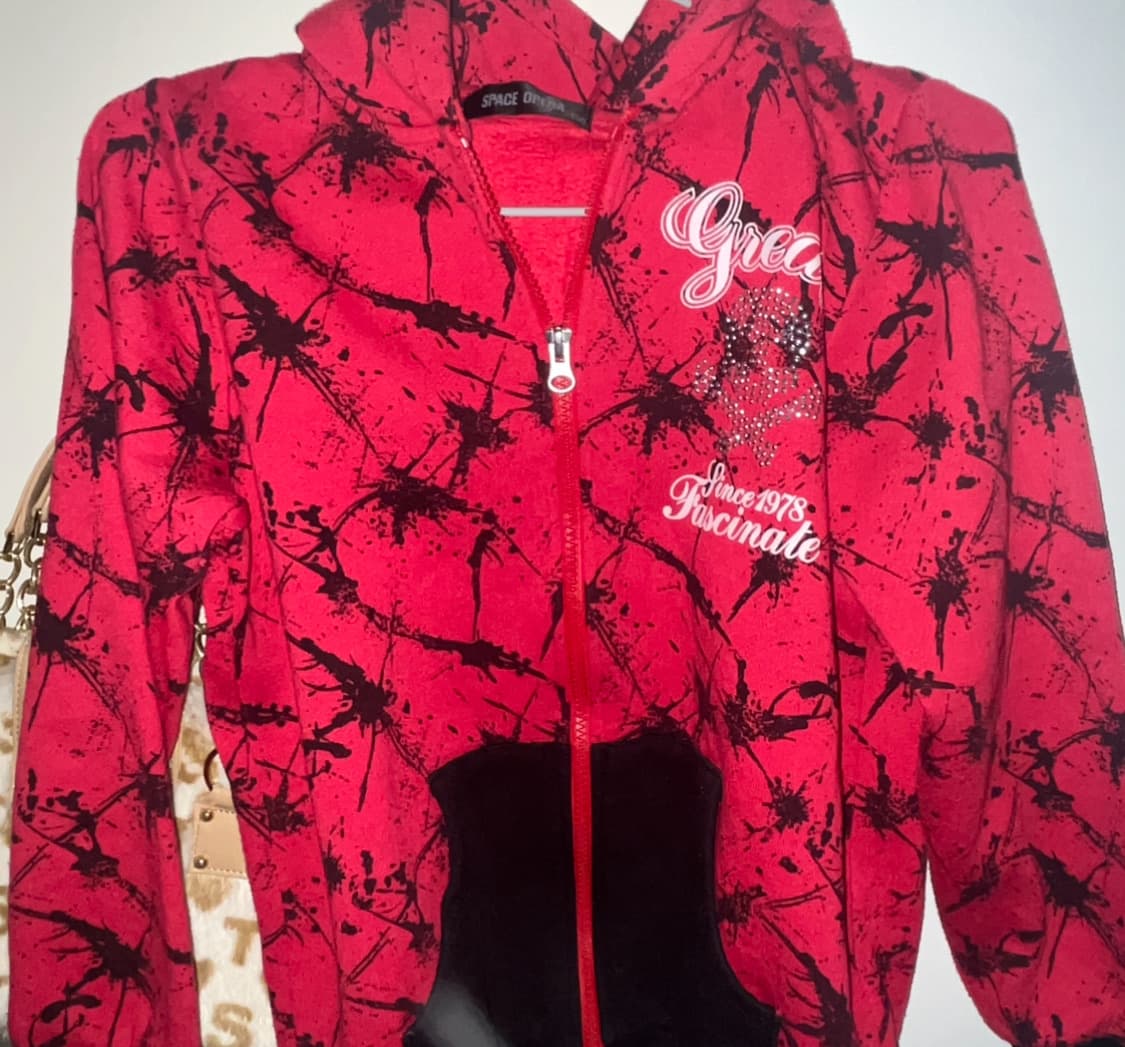 일본 빈티지 펑크 후드집업 큐빅 해골 레드 상품이미지2