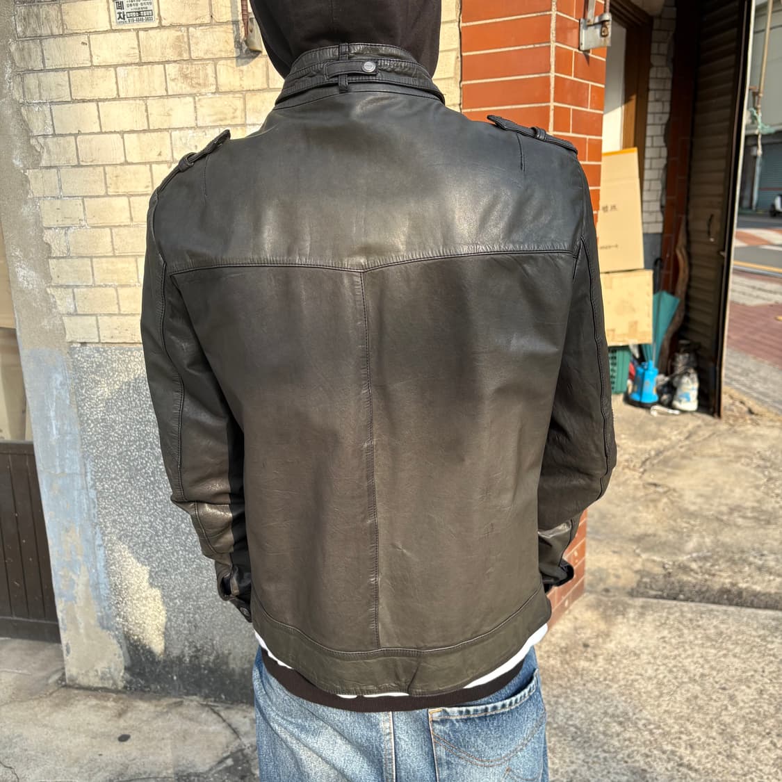 빈티지 다크올리브 카프레더 바이커 자켓 상품이미지4