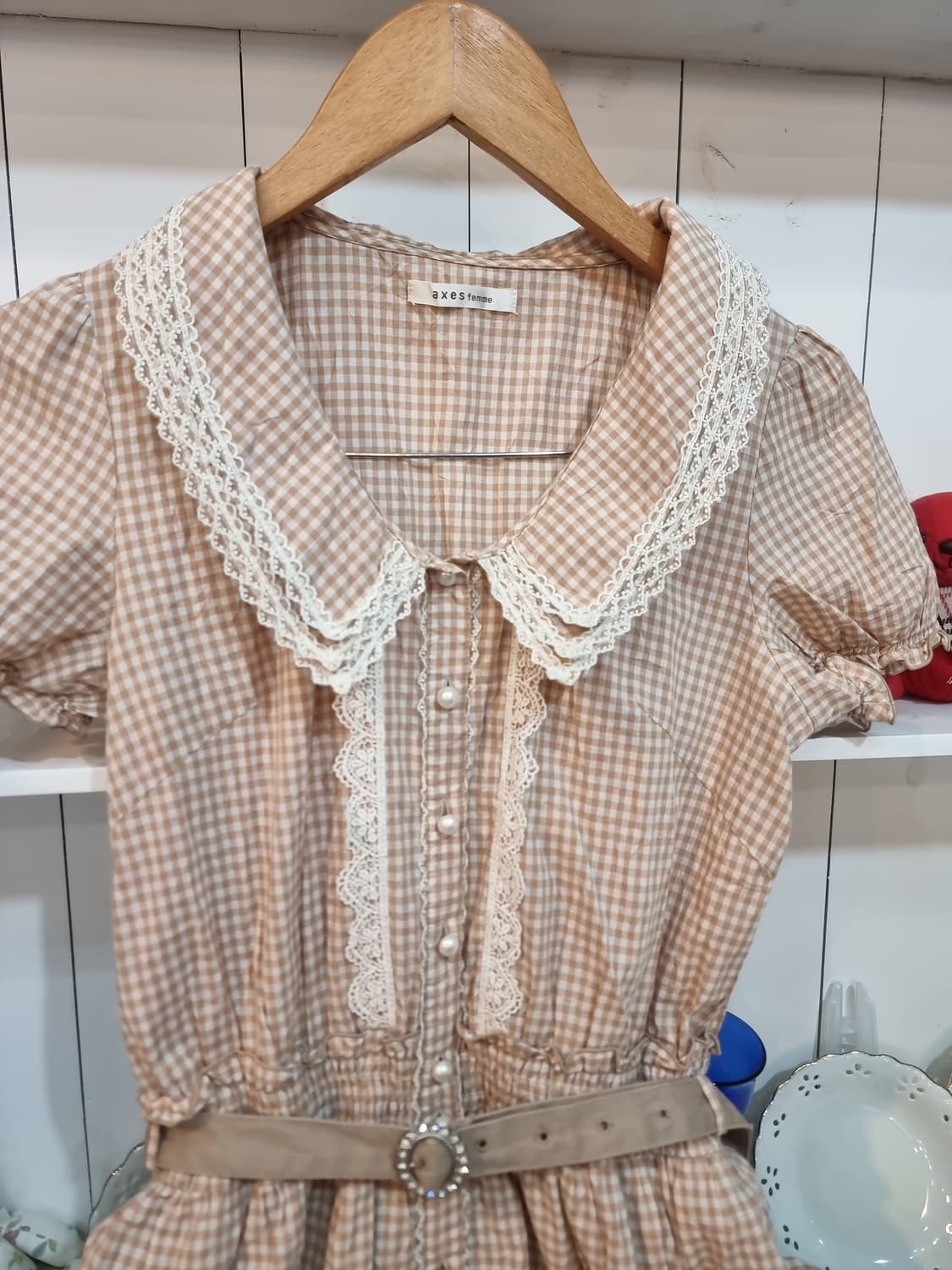 axes femme베이지 체크 레이스카라 원피스 상품이미지2