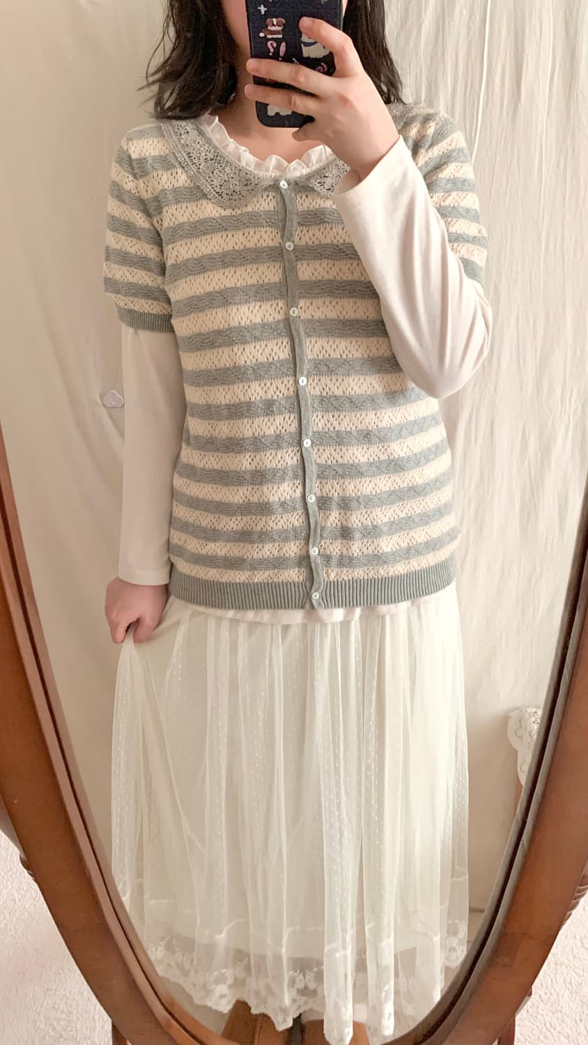 어스뮤직 코지모리 스트라이프 레이스 반팔 가디건 상품이미지3