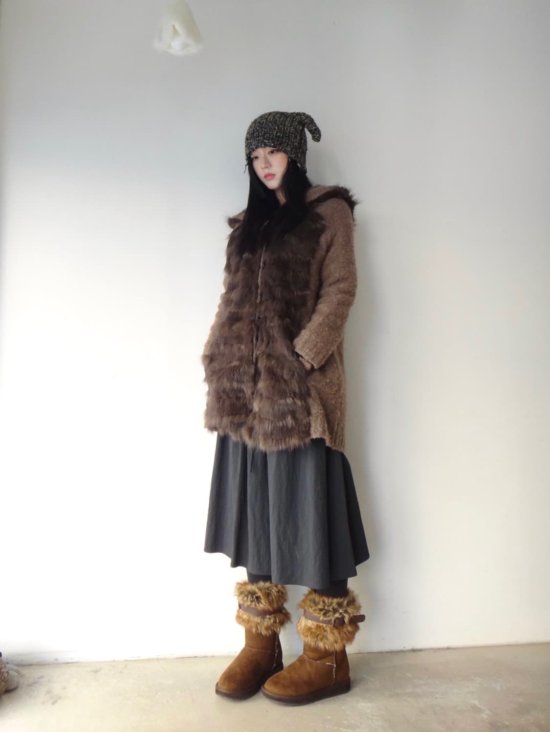 Front fur mix hoody cardigan / brown 상품이미지2
