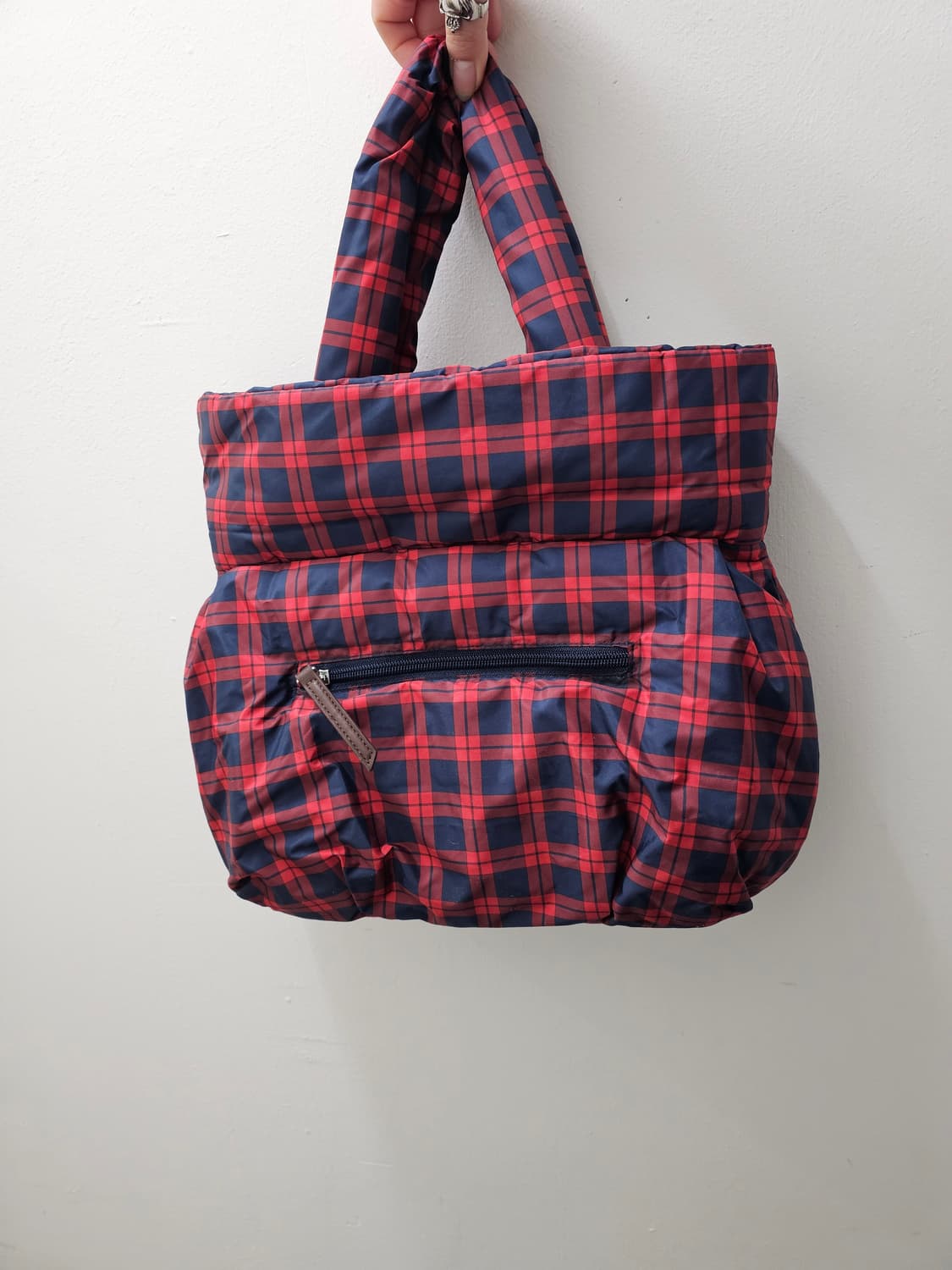 Japan 레드 네이비 체크 패딩 토트백 상품이미지4