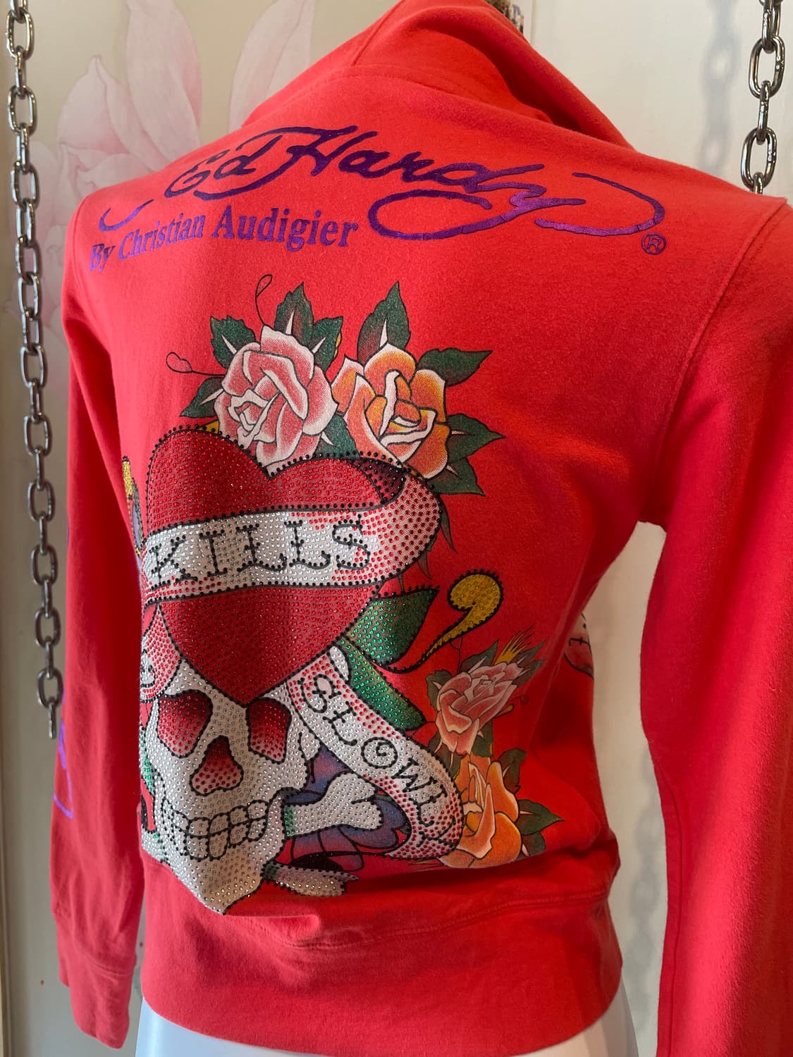 ed hardy 에드하디 스컬 레터링 큐빅 레드 후드 집업 y2k 펑크 상품이미지4