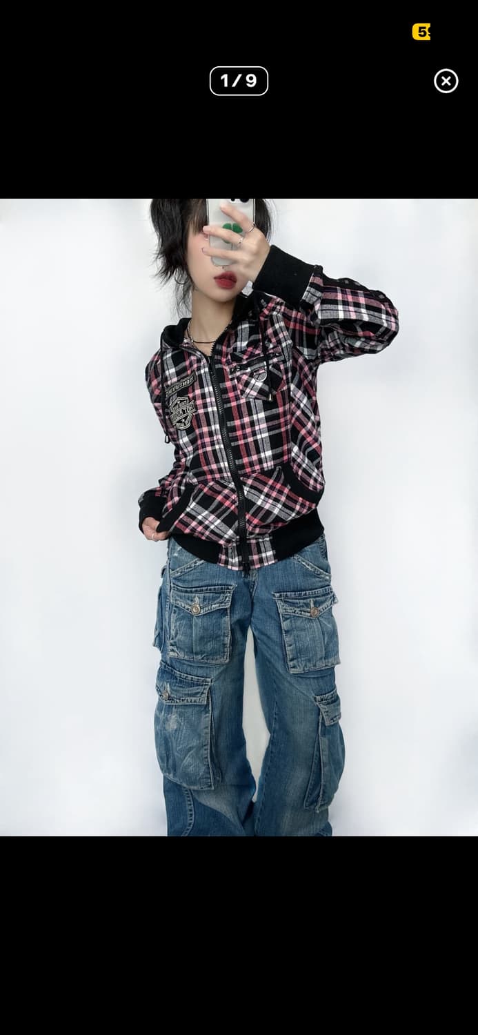 일본빈티지 핑크체크 투웨이 후드집업 상품이미지1