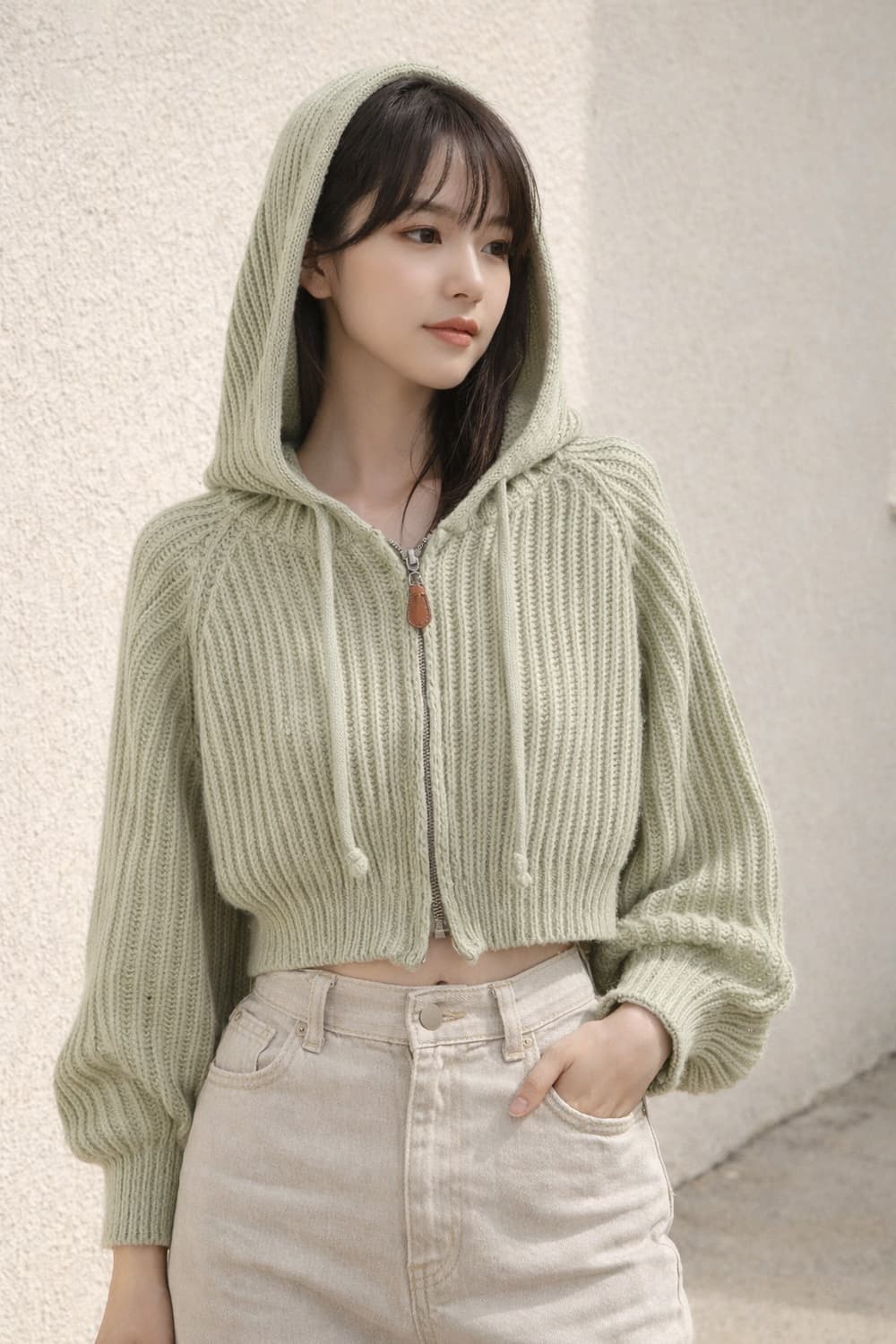 세이지 크롭 니트 후드집업 / 여리핏 볼륨소매 피스타치오 봄후드니트 상품이미지2