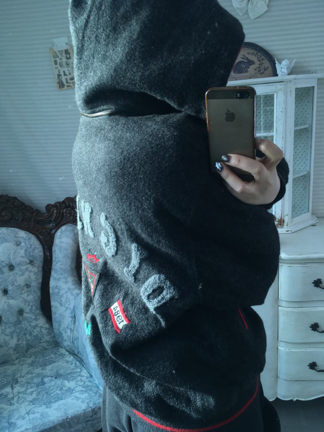 일본빈티지 차콜 후드 패치 자수 베어 후드 점퍼 상품이미지5