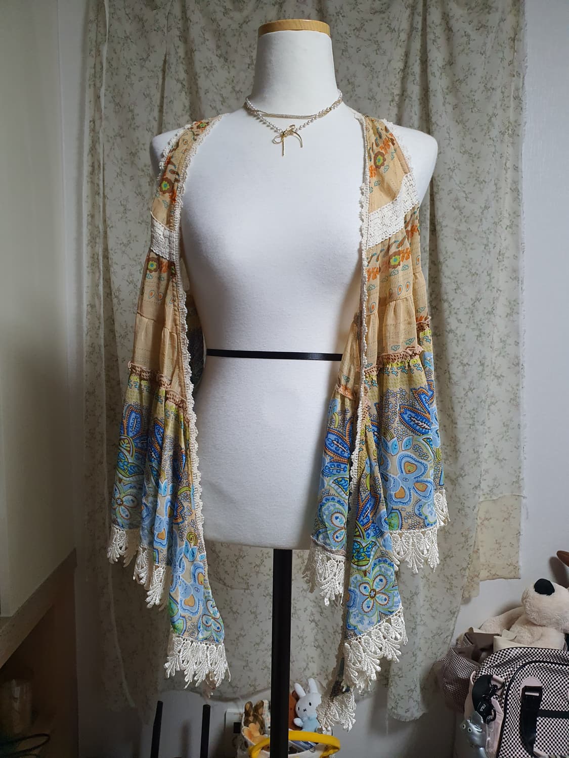 [히피룩] 패턴 레이스 롱 조끼 가디건 상품이미지1