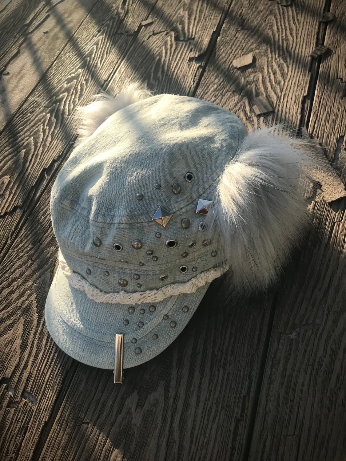 Studded Denim Cap with Faux Fur 상품이미지2