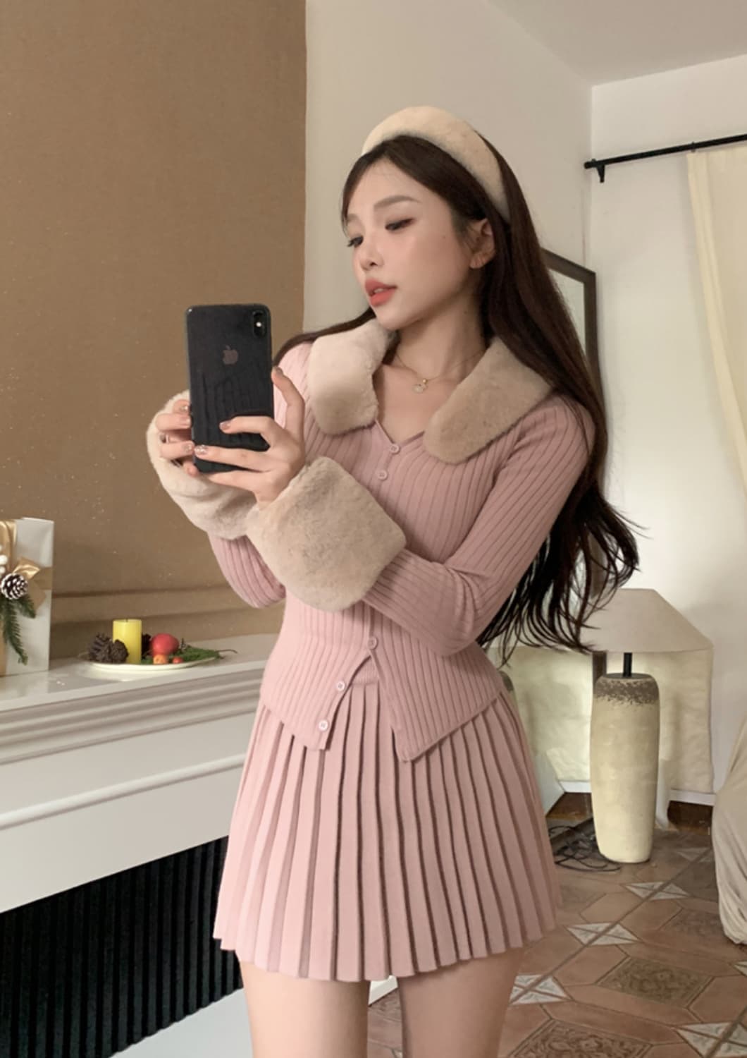 히메갸루 딸기우유 퍼 니트 스커트 세트 상품이미지1