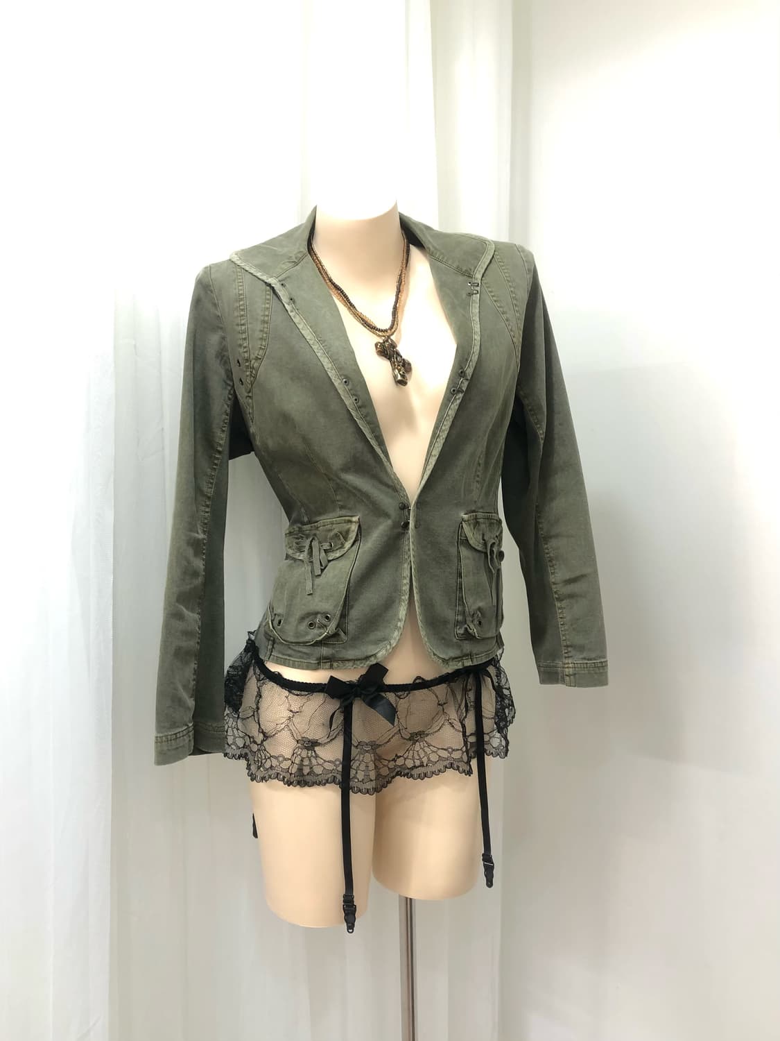 khaki military eyelet detail jacket 상품이미지1