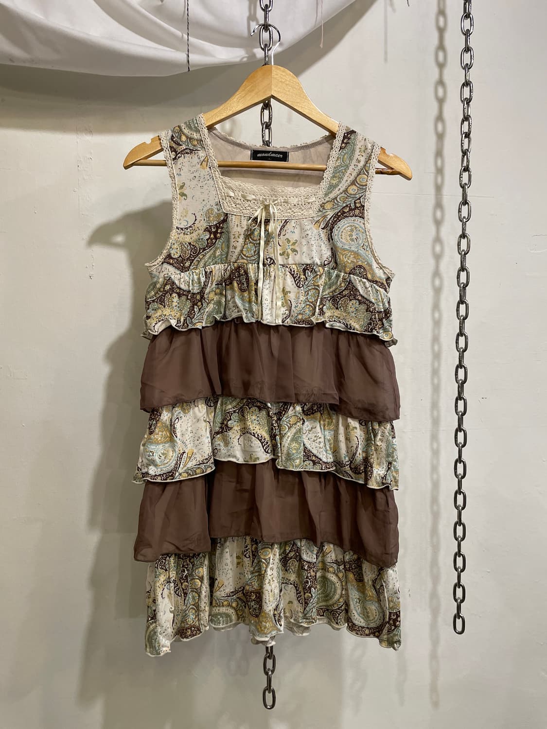 에스닉 패턴 리본 레이어드 브라운 슬리브리스 히피 모리 상품이미지1