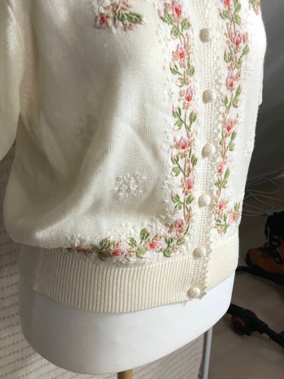 일본 빈티지 자수 플라워 패턴 반팔 니트 아이보리 모리걸 티셔츠 상품이미지5