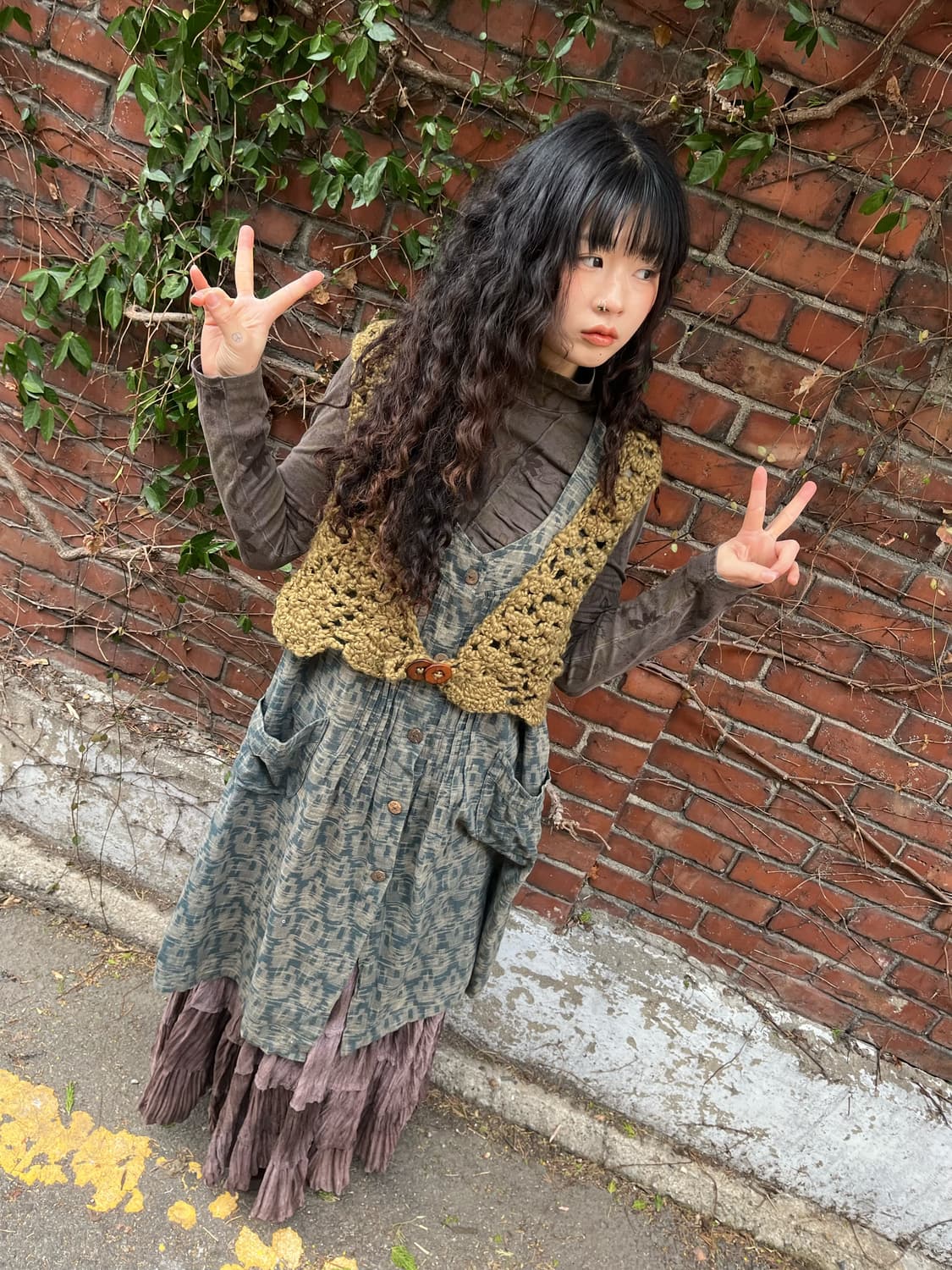 빈티지 카키 그린 그물 니트 베스트 상품이미지1