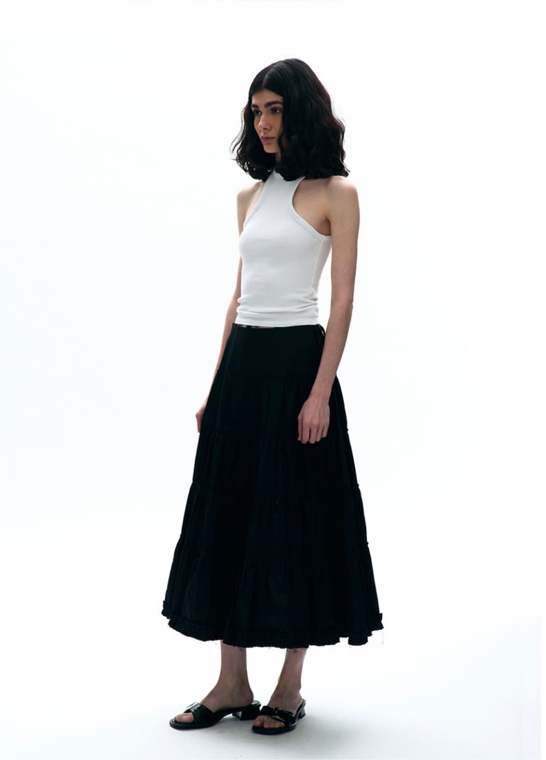 컷 오프 벨티드 티어드 미디 스커트 블랙 상품이미지3