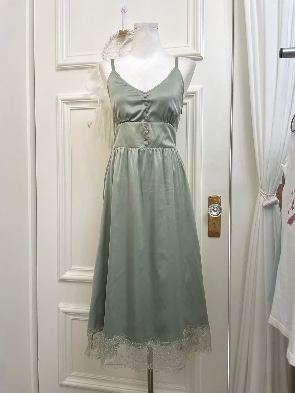 dark green satin lace slip opc(size-M) 상품이미지1
