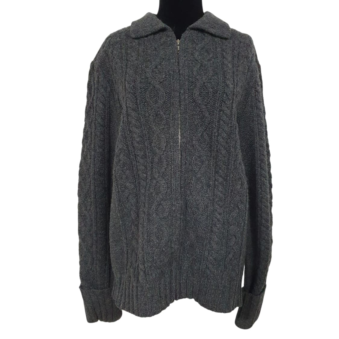 빈티지 갭 100%램스울 케이블 니트 집업 그레이 아메카지 상품이미지1