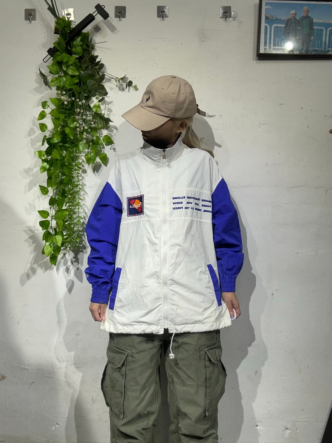 엘레쎄 화이트 블루 오버핏 빈티지 바람막이 자켓 L 상품이미지2