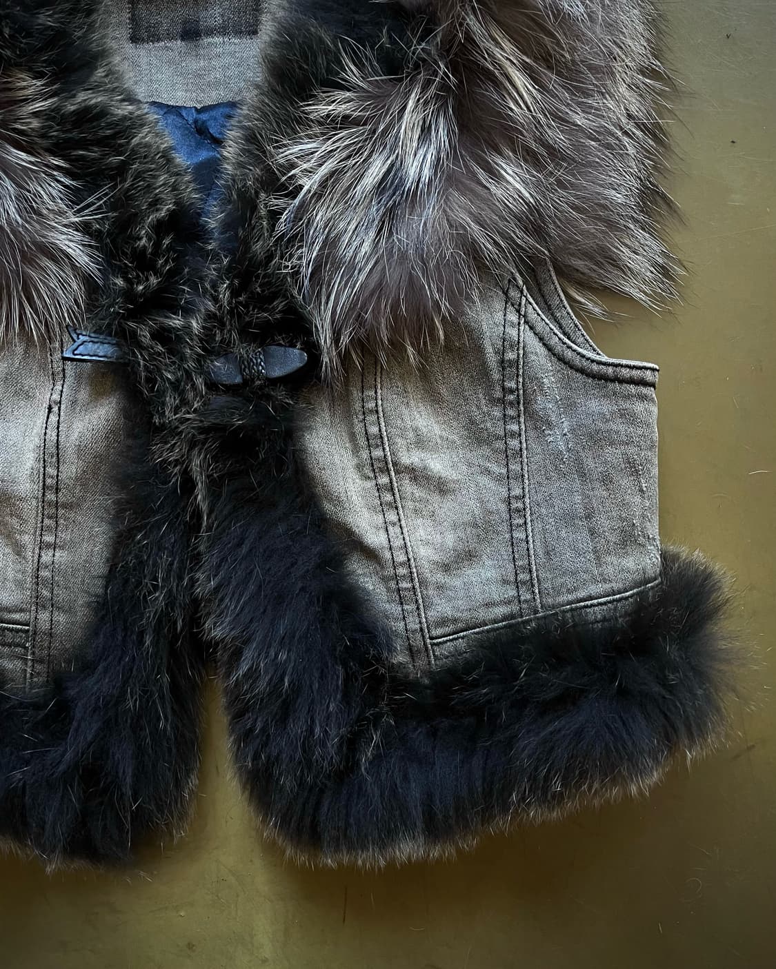JPN Vintage Fox Fur Trim Gray Denim Vest 상품이미지5