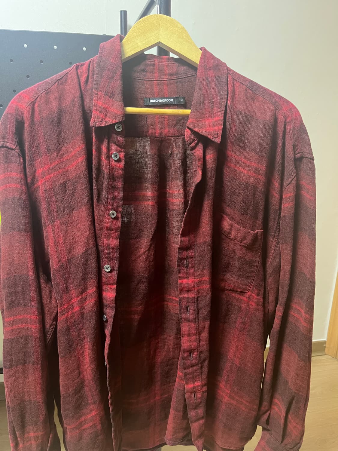 해칭룸 클래식 셔츠 린넨 빅 체크 다크 레드 3사이즈 상품이미지2