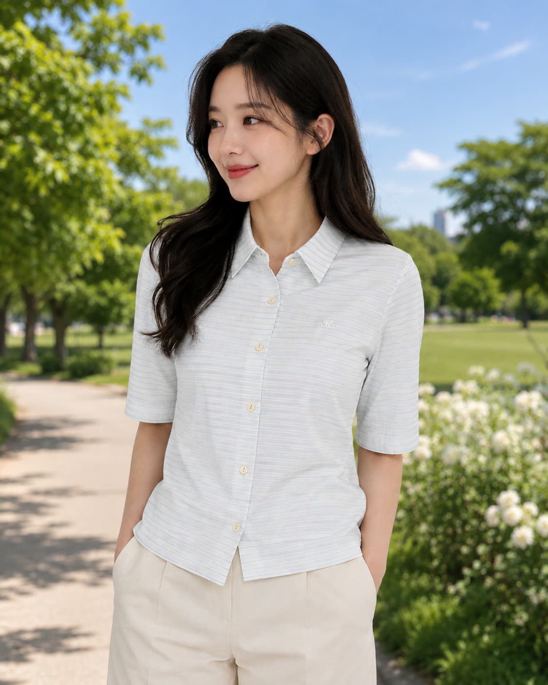 [정품] Courreges 9R 스카이블루 스트라이프 7부 셔츠 상품이미지1