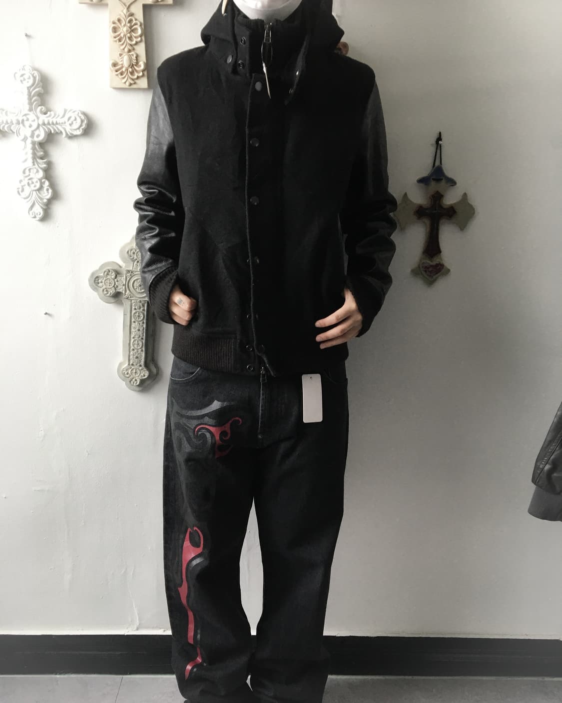 cow Leather layered woolen hood jacket 상품이미지5