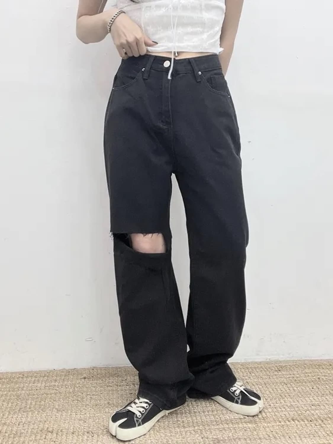 블랙 코튼 와이드 무파진 트임 팬츠 상품이미지2