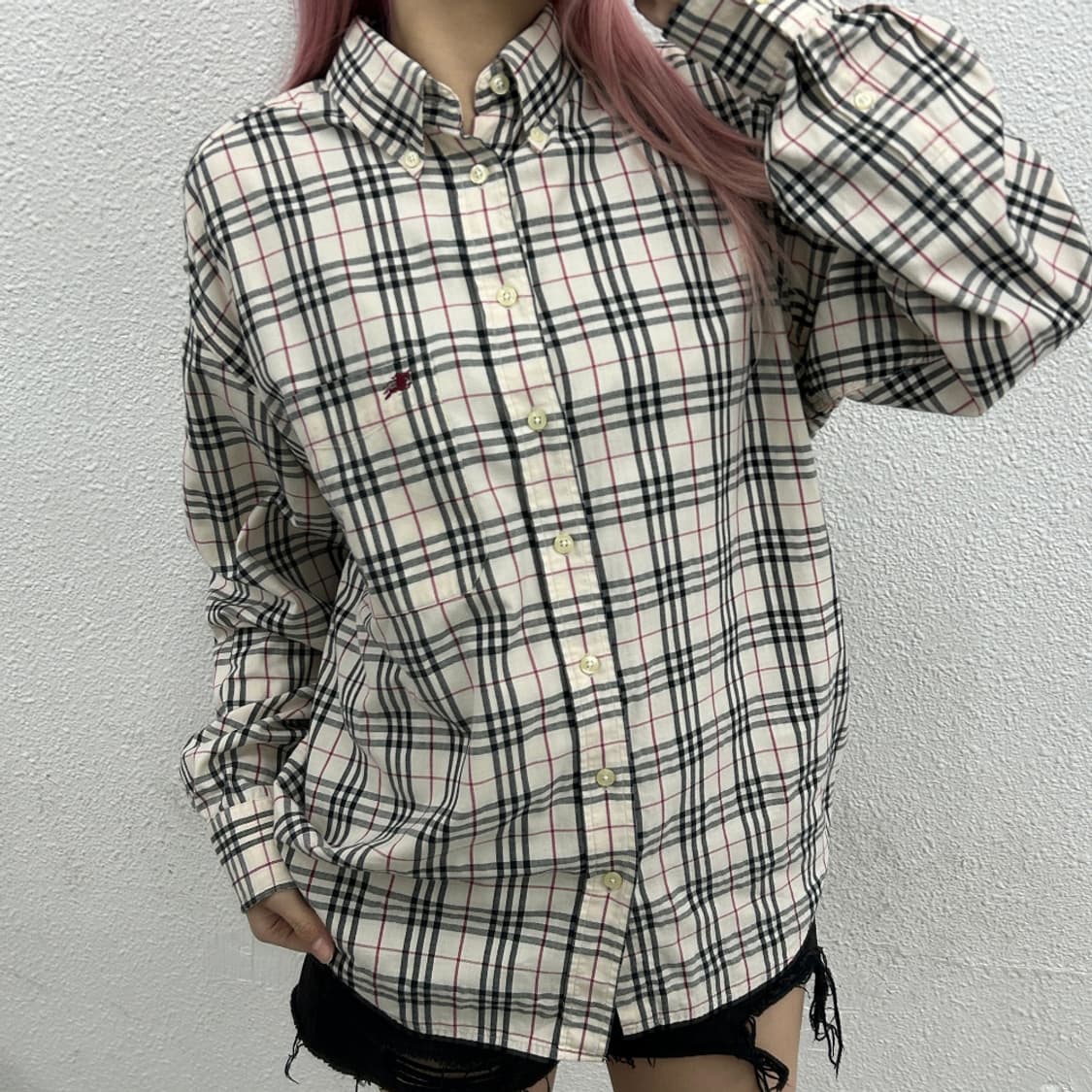 버버리 노바체크 버건디로고 셔츠 상품이미지1