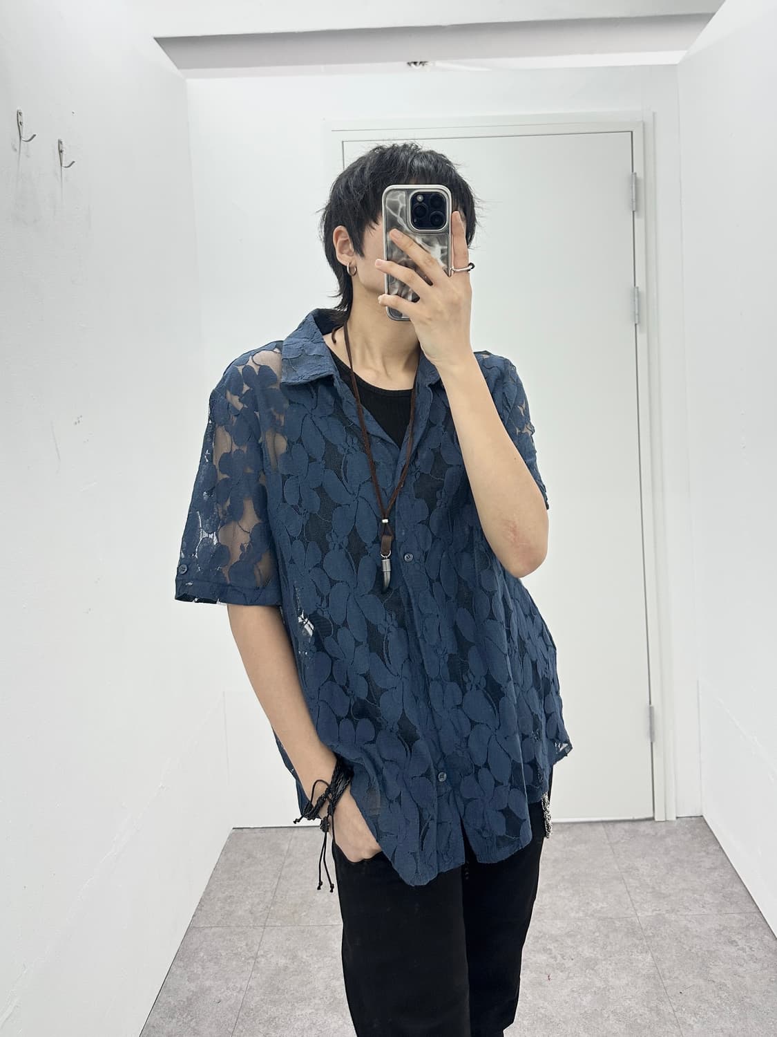 Floral Sheer Embroidered half Shirts 상품이미지1