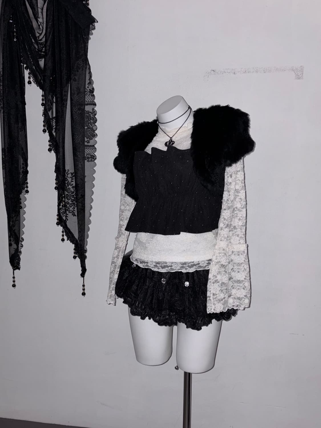 공겜여주 퍼 볼레로 코디세트 다크페어리 고스 고딕 고스로리 블랙 코디 상품이미지5