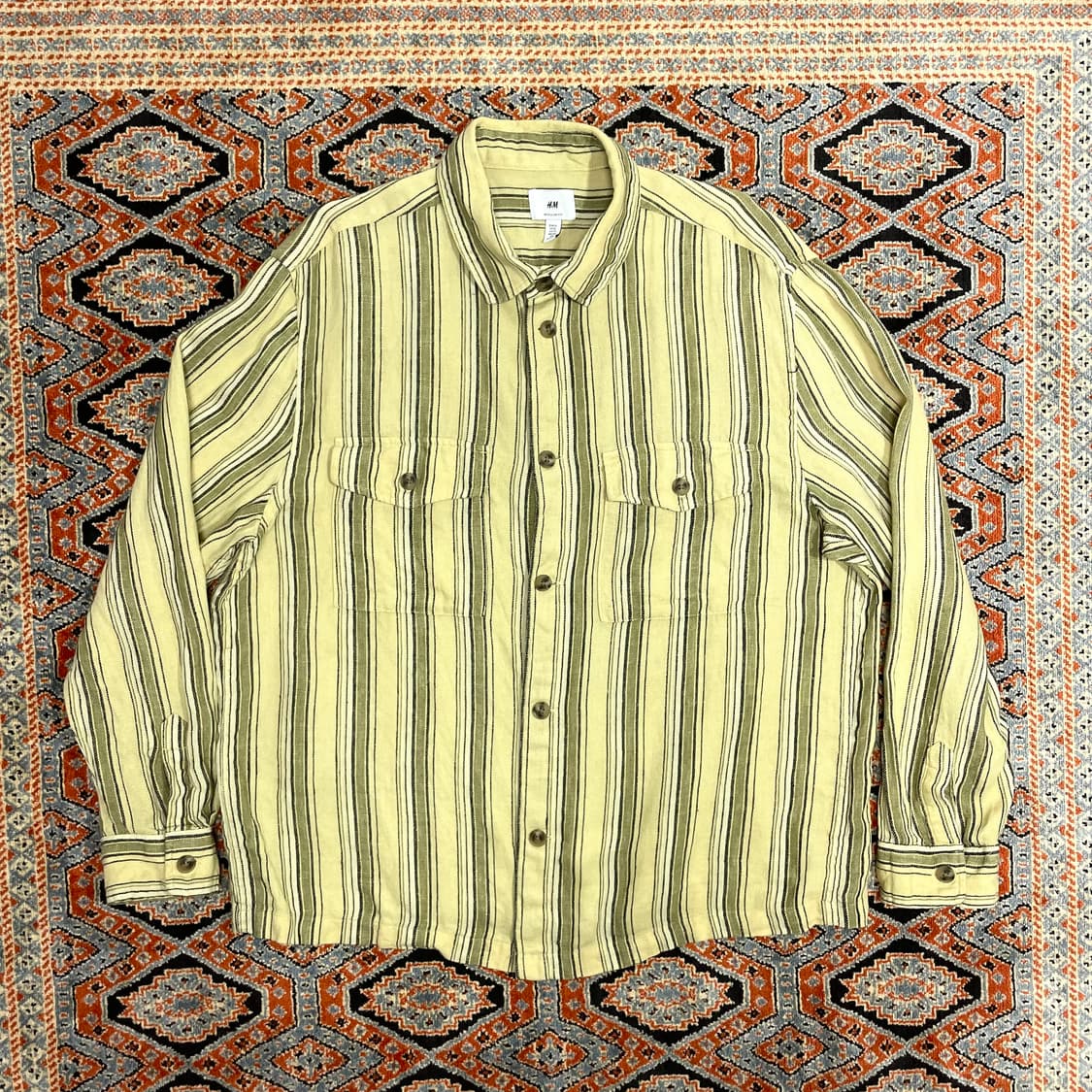 HM 베이지 세로 스트라이프 포켓 마 셔츠 남성XL  상품이미지1