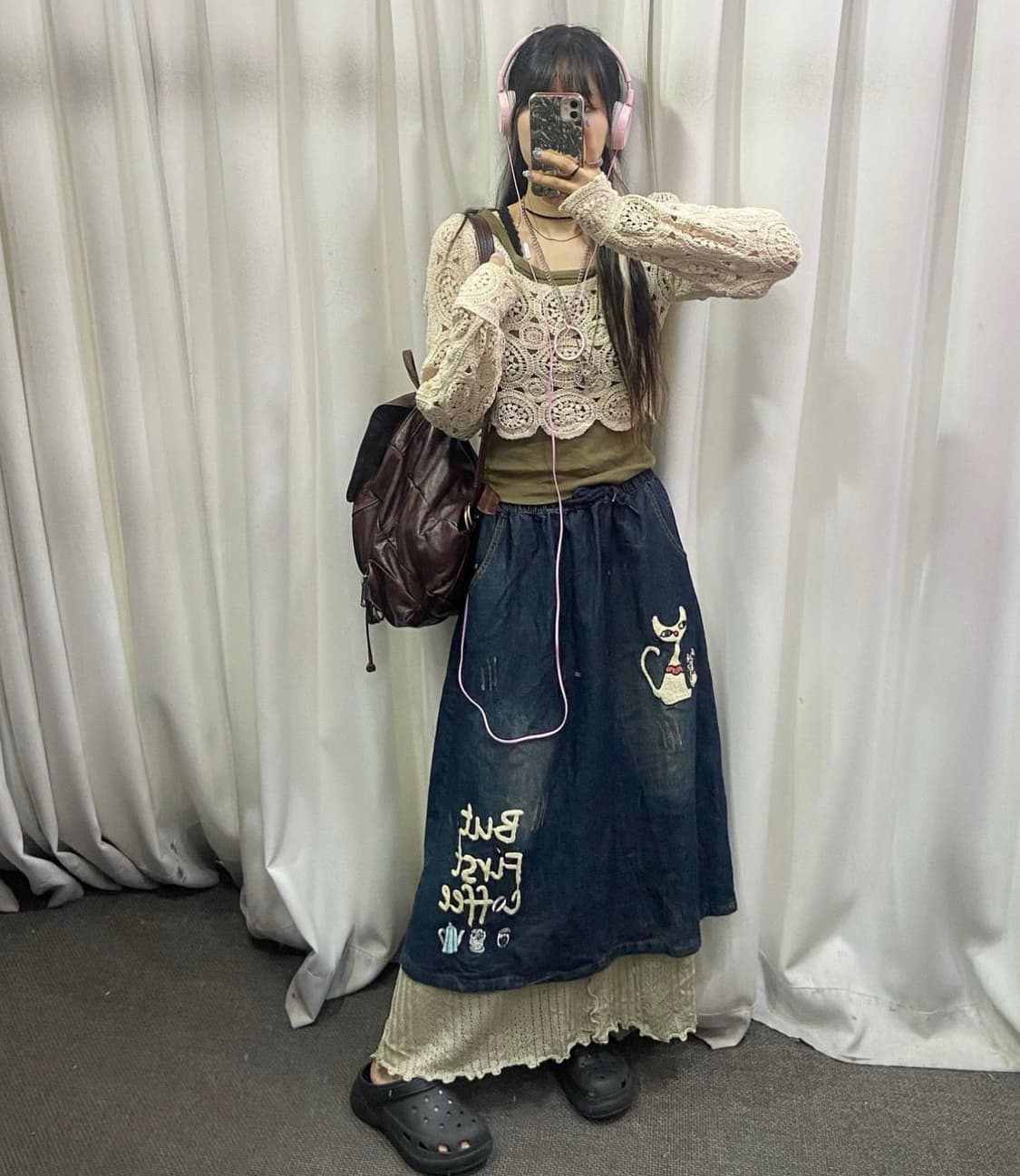 개대장 데님 롱 고양이 자수 모리걸 빈티지 코디 세트 상품이미지1