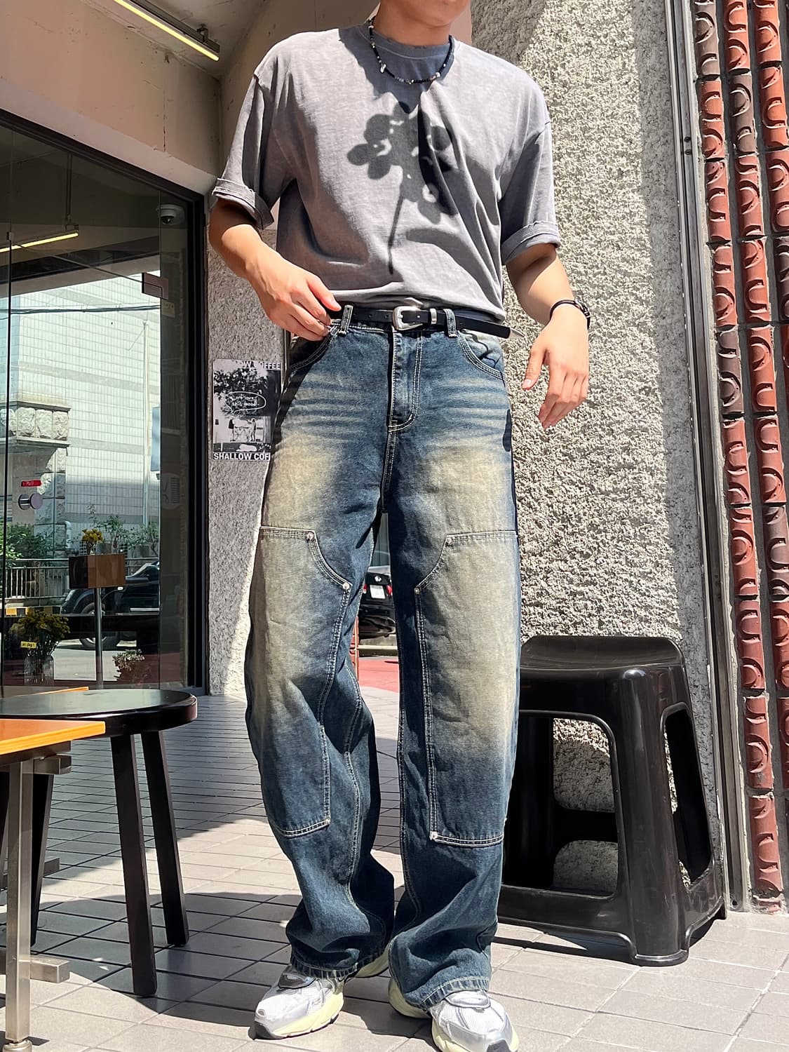 더블니 데님 팬츠 와이드 청바지 상품이미지1