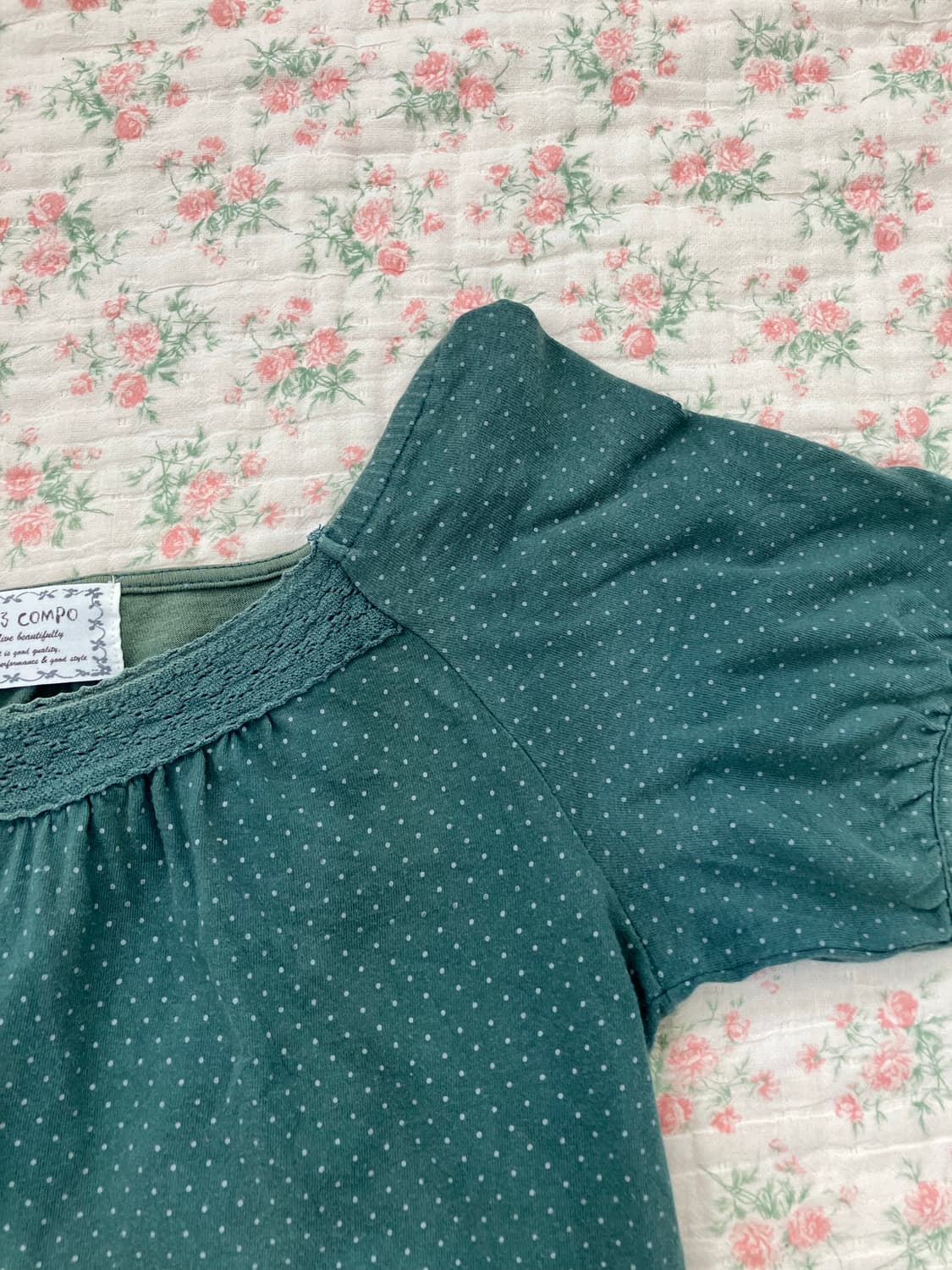 빈티지 청록 땡땡이 크로셰 퍼프 반팔 1118 모리걸 y2k 스트릿 갸루 상품이미지4