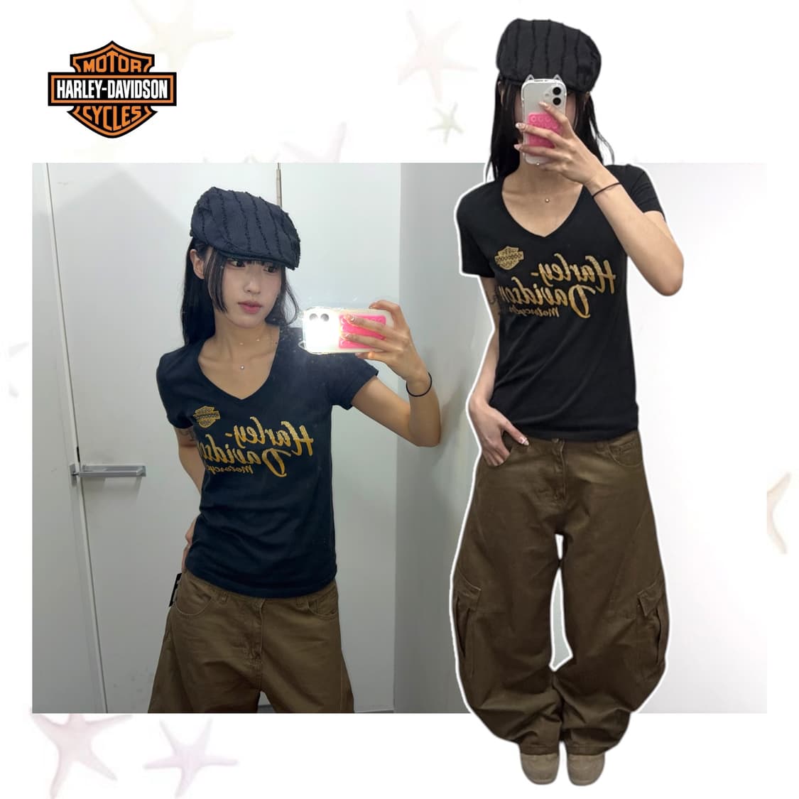 할리데이비슨 로고 스팽클 브이넥 반팔 상품이미지1